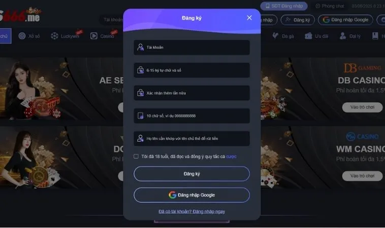 Giao diện đăng ký S666